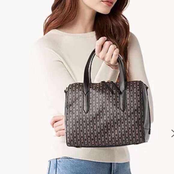 NEW Fossil Sydney Satchel Bag in Brown/Black Monogram